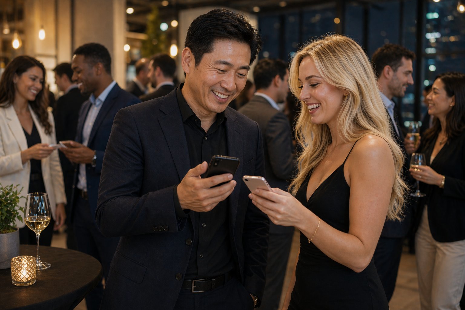 Couple exchanging numbers at an upscale Toronto networking event — RizzWizz Connection